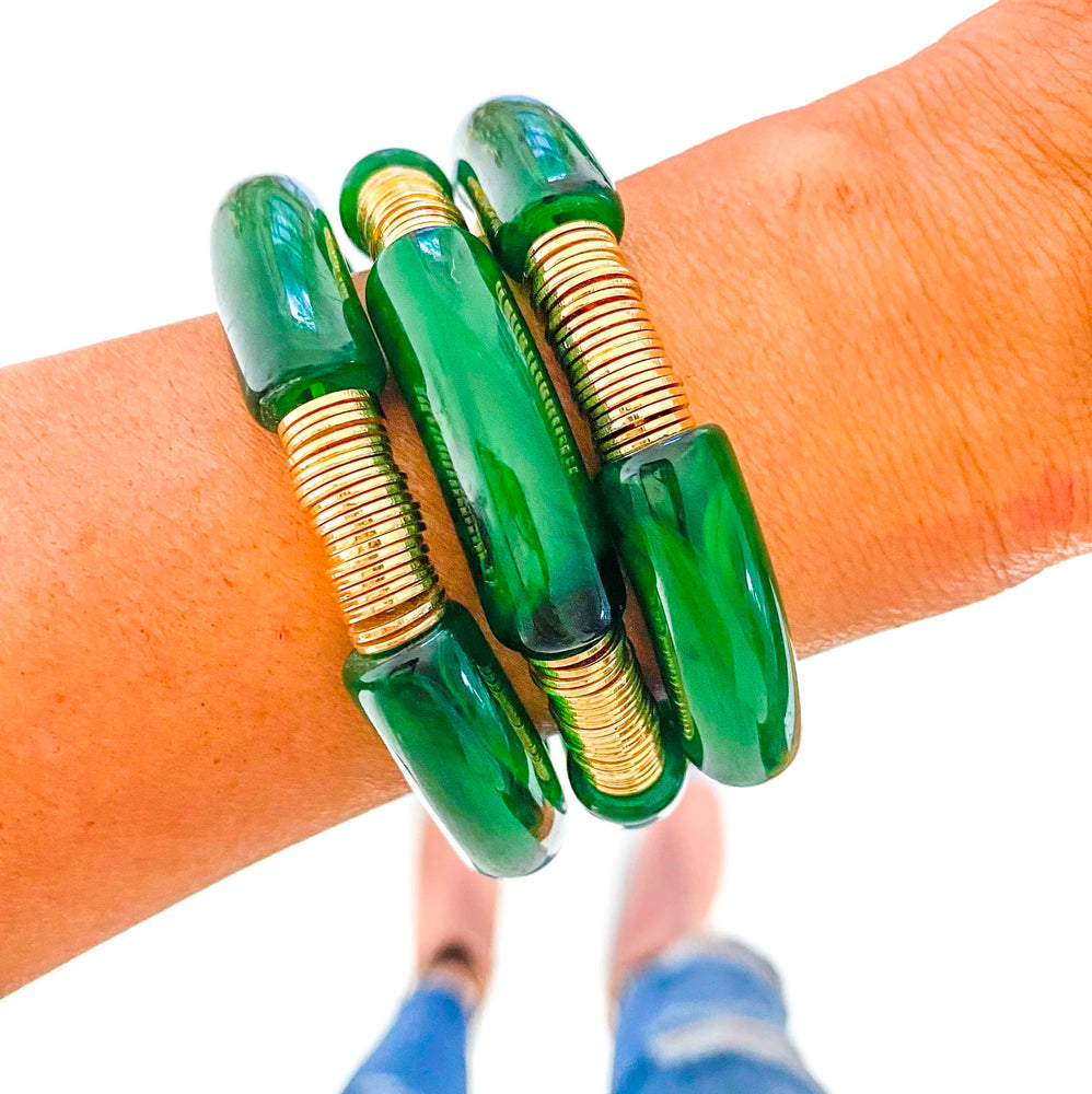 Large Acrylic Tube Bamboo Bracelet - Green Marble Bracelet Savvy Bling 