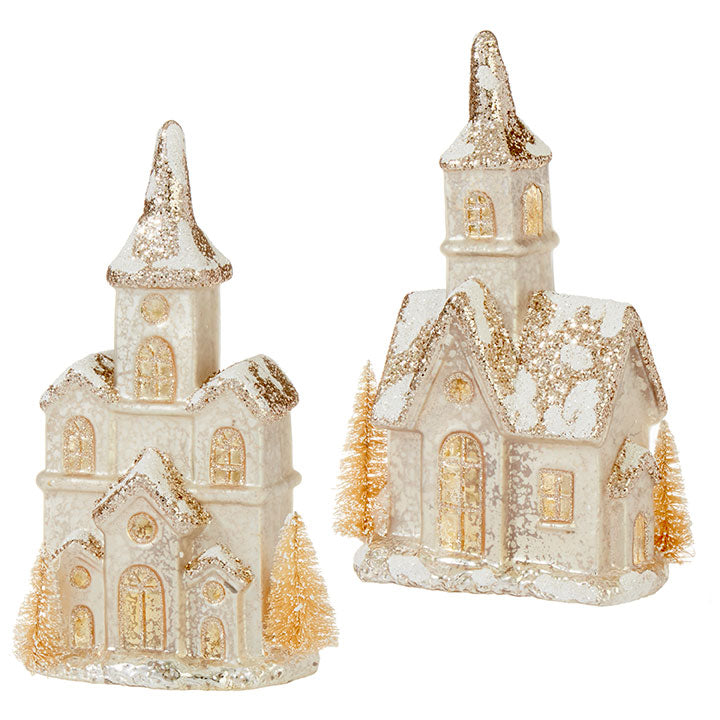 Mercury Glass Lighted Church Christmas Decor RAZ 