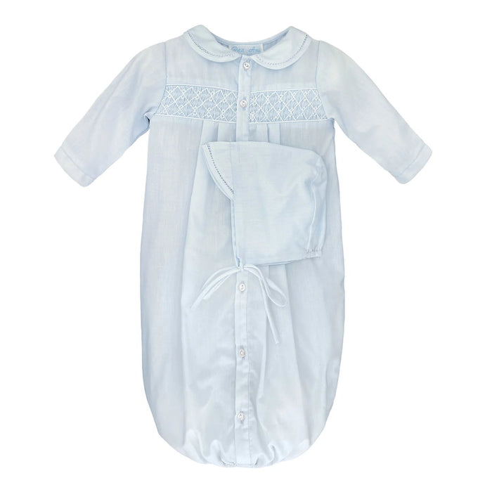 Neutral Smocked Newborn Sack Baby Gown Petit Ami Blue 