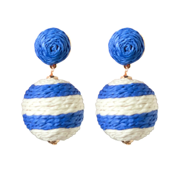 Royal Blue and White Striped Lido Pom Pom Earrings Earrings St. Armands Designs 