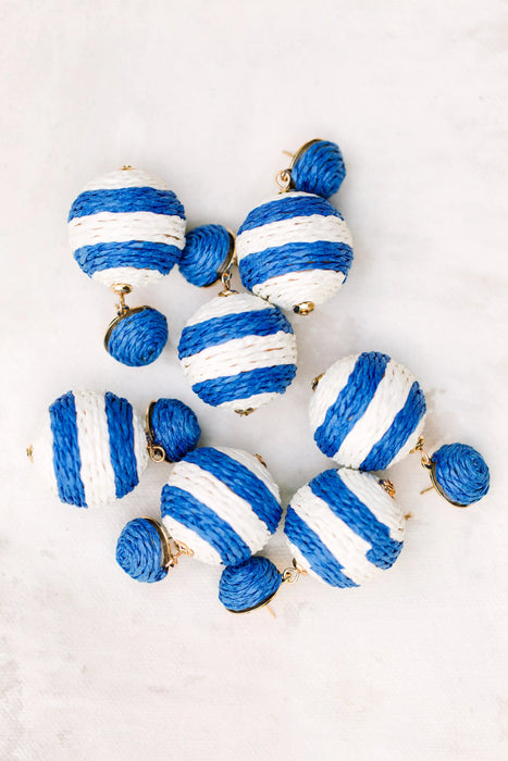 Royal Blue and White Striped Lido Pom Pom Earrings Earrings St. Armands Designs 