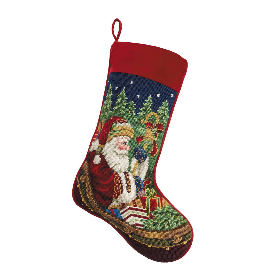 Santa Sleigh Needlepoint Stocking - Trees Christmas Stocking Peking Handicraft 