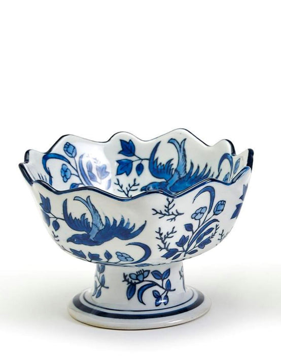 Scalloped Edge Hand-Painted Footed Bowl Serving Piece Two's Company Birds 