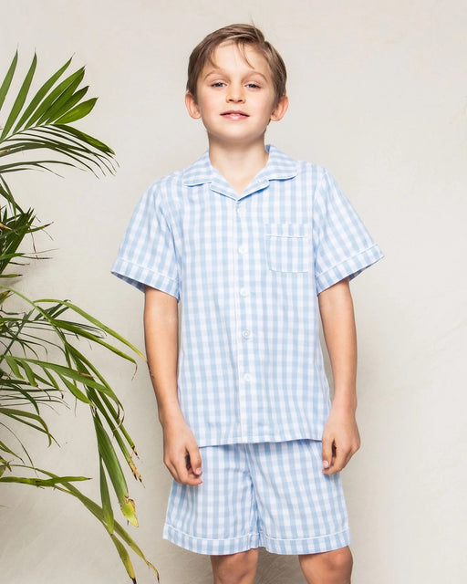 Short Set - Light Blue Gingham Boy Pajamas Petite Plume 