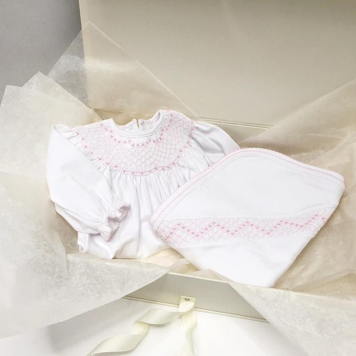 Sweetly Smocked Blessing Blanket - Palm Beach Pink Baby Blanket Beaufort Bonnet 