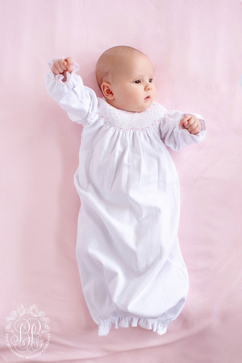 Sweetly Smocked Greeting Gown - Palm Beach Pink Baby Gown Beaufort Bonnet 