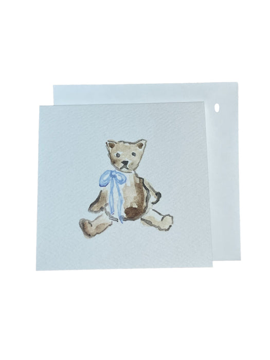 Watercolor Enclosure Cards Stationery Over The Moon Teddy Bear with Blue Bow 