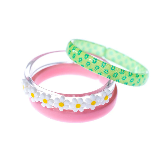 White Flowers and Pink, Green Print Bangle Bracelet Lillies and Roses 
